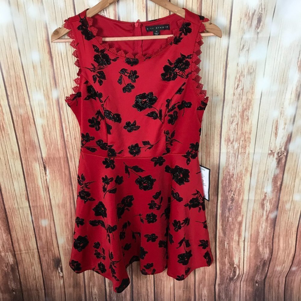 City Studio Sleeveless Sheath Dress Size Juniors 11 Red Black Glitter Flowers